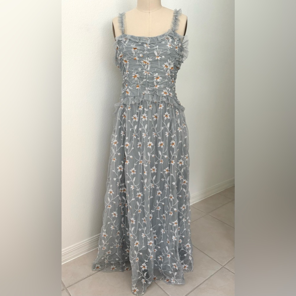 Anthropologie Blue Tulle Maxi Dress NWT Floral Embroidered Ruched M - Picture 2 of 10